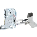 A close-up of a metal door latch mechanism from Empura Equipment, featuring a rectangular mounting plate and bolt. The silver latch, labeled “ASSEMBLED IN MEXICO,” has multiple screw holes and a flat, angled tip on the outward-extending bolt.