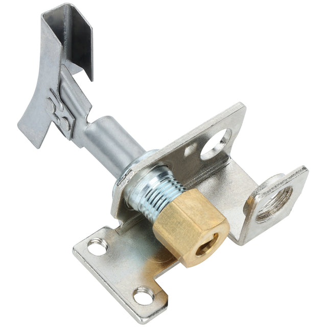 A close-up of a metal gas appliance ignitor assembly with a silver mounting bracket, brass connector, and cylindrical component—featuring holes for screws and angled metal tabs—compatible with Empura Equipment and often used as a Pilot(NAT) in Empura Parts.