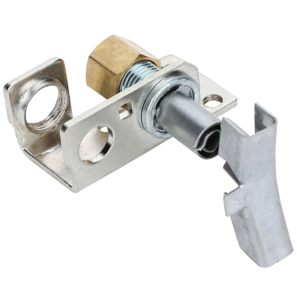 A close-up of a metal mechanical component from Empura Equipment with a bracket, cylindrical shaft, and hexagonal nut. The bracket has circular holes, and a detached silver Empura Parts piece with a notched end is nearby. Background is white.