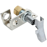 A close-up of a metal mechanical component from Empura Equipment with a bracket, cylindrical shaft, and hexagonal nut. The bracket has circular holes, and a detached silver Empura Parts piece with a notched end is nearby. Background is white.