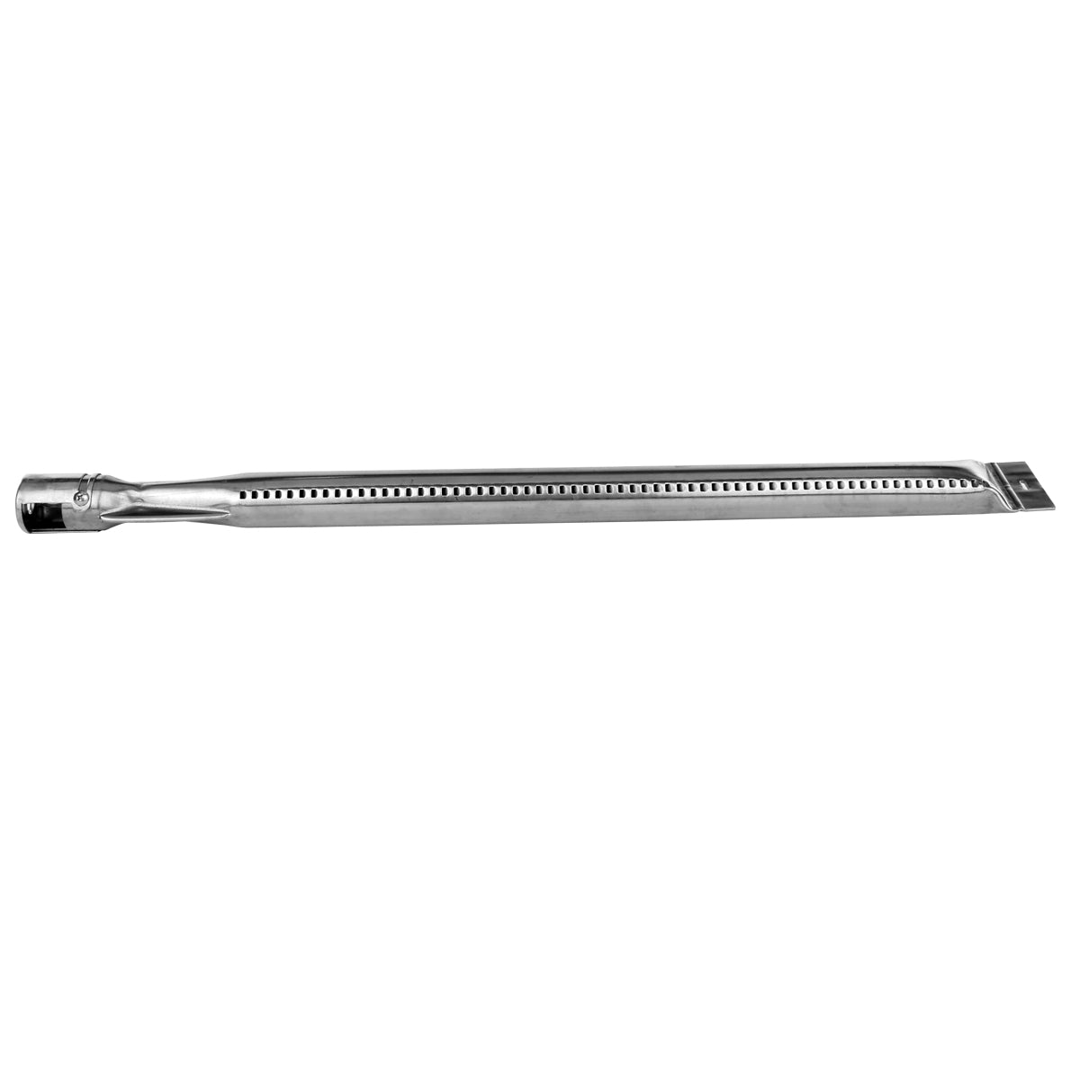 A long, narrow, metallic tube with small, evenly spaced holes along the center. One end is slightly wider with a connector, while the opposite end is flat. This straight burner is a replacement part compatible with Empura Equipment gas grills.