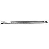 A long, narrow, metallic tube with small, evenly spaced holes along the center. One end is slightly wider with a connector, while the opposite end is flat. This straight burner is a replacement part compatible with Empura Equipment gas grills.
