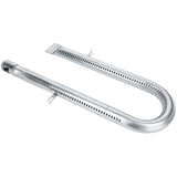 A shiny, silver U-shaped metal tube with perforations along both sides. One end has a flat mounting bracket, and the other has a rounded, capped end with an opening. This U shape burner is likely an Empura Parts component for a gas grill.