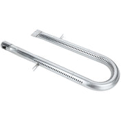 A shiny, silver U-shaped metal tube with perforations along both sides. One end has a flat mounting bracket, and the other has a rounded, capped end with an opening. This U shape burner is likely an Empura Parts component for a gas grill.