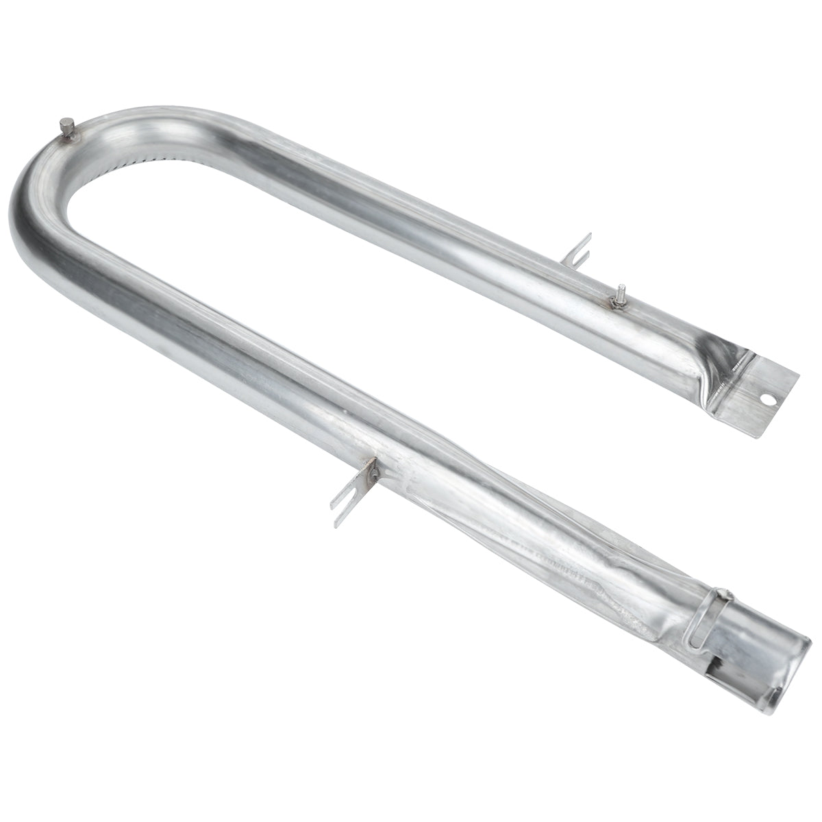 A shiny, metallic U shape burner with a flat mounting plate at one end and two small brackets along its length. The smooth, reflective surface suggests it’s made of stainless steel—ideal as a replacement for Empura Equipment or similar appliances.
