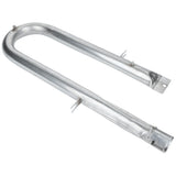 A shiny, metallic U shape burner with a flat mounting plate at one end and two small brackets along its length. The smooth, reflective surface suggests it’s made of stainless steel—ideal as a replacement for Empura Equipment or similar appliances.