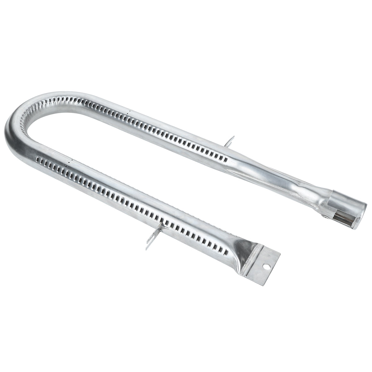A silver, U-shaped metal U shape burner for Empura Equipment, featuring small holes along both sides, a flat mounting bracket at one end, and a connector tube at the other end, displayed on a plain white background.