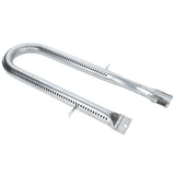 A silver, U-shaped metal U shape burner for Empura Equipment, featuring small holes along both sides, a flat mounting bracket at one end, and a connector tube at the other end, displayed on a plain white background.