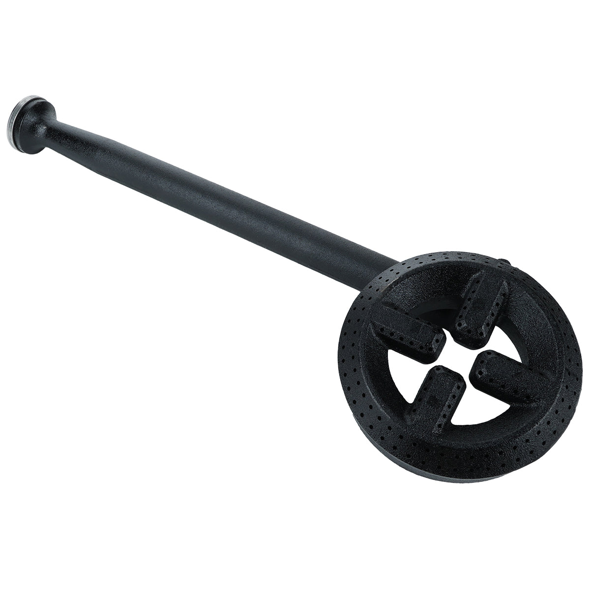 A black cast iron gas burner tube from the EMHP Heavy Duty Series with a circular burner head at one end, featuring multiple small holes for flames and three raised supports inside the ring—perfect as an assembled burner or back burner assembly.