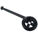 A black cast iron gas burner tube from the EMHP Heavy Duty Series with a circular burner head at one end, featuring multiple small holes for flames and three raised supports inside the ring—perfect as an assembled burner or back burner assembly.