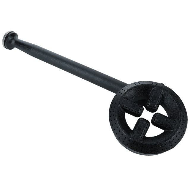 A black cast iron gas burner tube from the EMHP Heavy Duty Series with a circular burner head at one end, featuring multiple small holes for flames and three raised supports inside the ring—perfect as an assembled burner or back burner assembly.