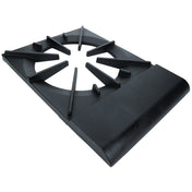 A black cast iron cooking grate from Empura Parts, model ESP-1, features a circular center opening, angular support bars radiating outward, and a wide curved front ledge. Its matte textured surface gives it a modern, functional look.