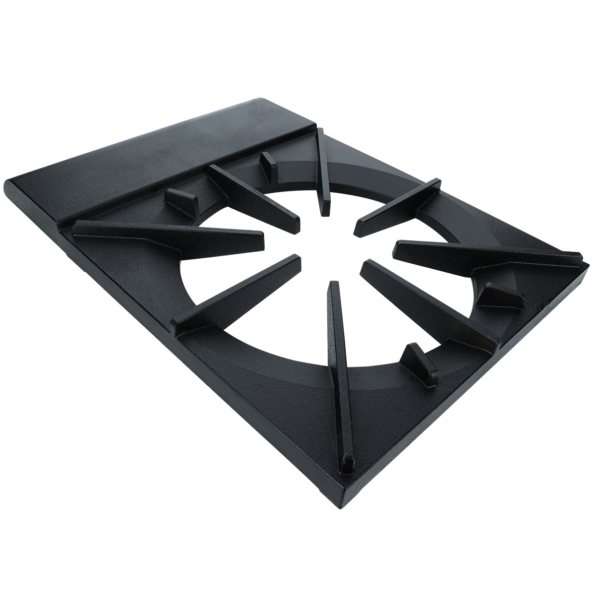 A black rectangular ESP-1 cast iron cooking grate with angled prongs radiating from a central circular opening, designed to support cookware over a gas burner. The sturdy Empura Parts surface has a textured finish, viewed from an angled perspective.