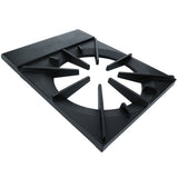 A black rectangular ESP-1 cast iron cooking grate with angled prongs radiating from a central circular opening, designed to support cookware over a gas burner. The sturdy Empura Parts surface has a textured finish, viewed from an angled perspective.
