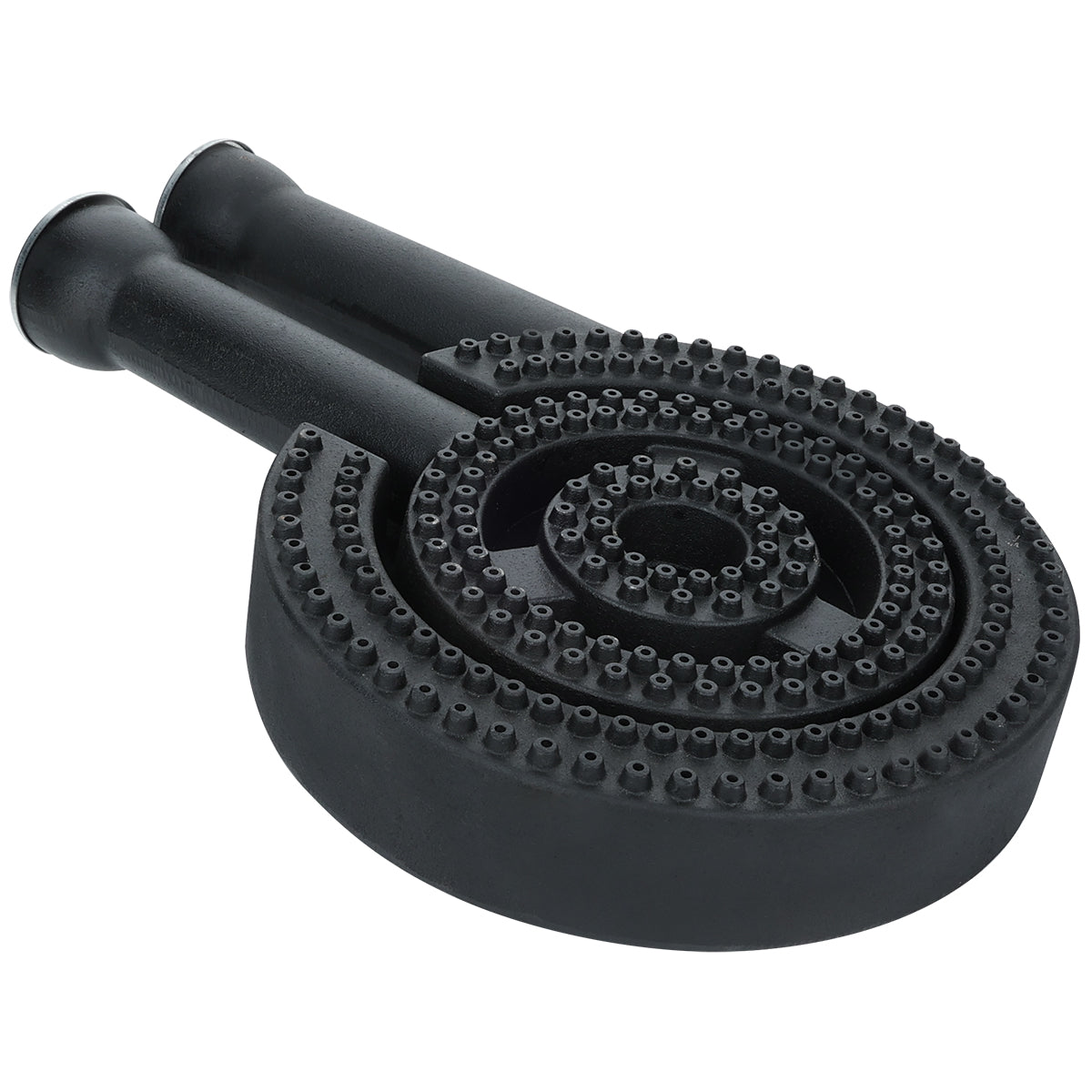 A black cast iron double-ring gas burner with two inlet pipes on one end, ideal as a burner assembly or Empura replacement for a stock pot range. It features two concentric rings with multiple small outlet holes for even flame distribution.