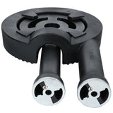 A black, circular burner assembly for a gas stove features two cylinder-shaped metal tubes extending forward; ideal as an Empura replacement for a stock pot range, it has metallic ends with cut-out sections, small nozzle holes, and grooves on the top surface.