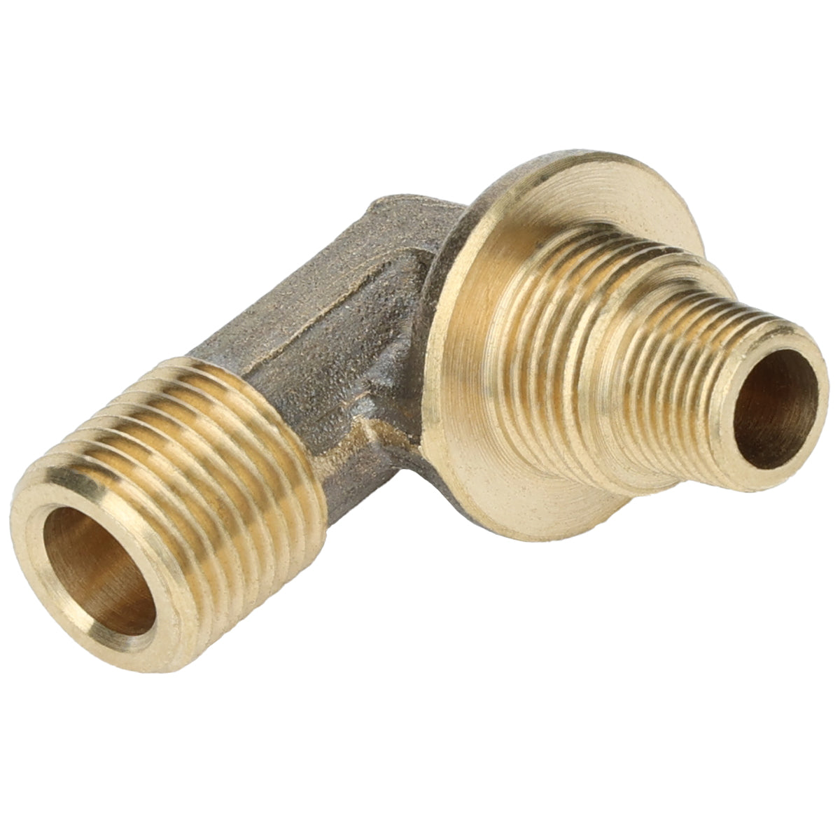 A brass orifice elbow fitting with a 90-degree design, featuring two threaded male ends of different diameters for connecting pipes at a right angle. Ideal for Empura oven parts, its smooth metallic surface has one side slightly larger than the other.