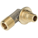 A brass orifice elbow fitting with a 90-degree design, featuring two threaded male ends of different diameters for connecting pipes at a right angle. Ideal for Empura oven parts, its smooth metallic surface has one side slightly larger than the other.