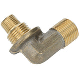 A brass orifice elbow pipe fitting used in Empura Equipment, featuring two threaded ends at a 90-degree angle—one larger, one smaller—ideal for connecting pipes in Empura oven parts. The slightly rough texture ensures durability and secure fitting.