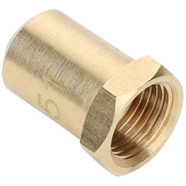 A brass hexagonal nut with internal threading, likely an Empura Parts LP nozzle, lies on its side at an angle. The smooth, reflective surface shows the number 57 engraved on one side, with the open threaded end revealing internal spiral grooves.