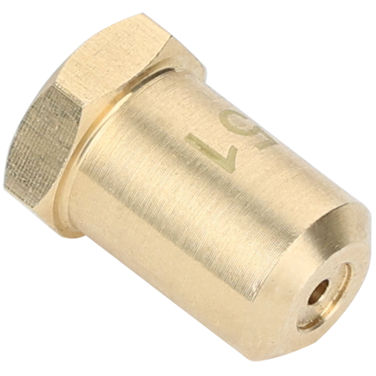 A close-up of an Empura Parts brass LP nozzle with a hexagonal head and cylindrical body. There is a small central hole at one end and the number 51 etched on the side. The smooth, metallic surface reflects light.