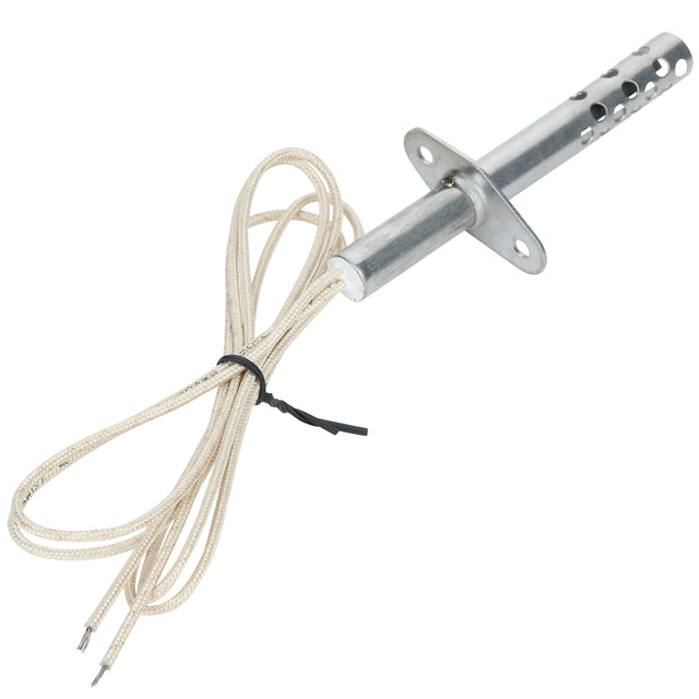 A cylindrical metal heating element with ventilation holes and a mounting flange—compatible with Empura Equipment—is attached to a long, fabric-covered electrical cord with exposed wire tips and shown against a white background.