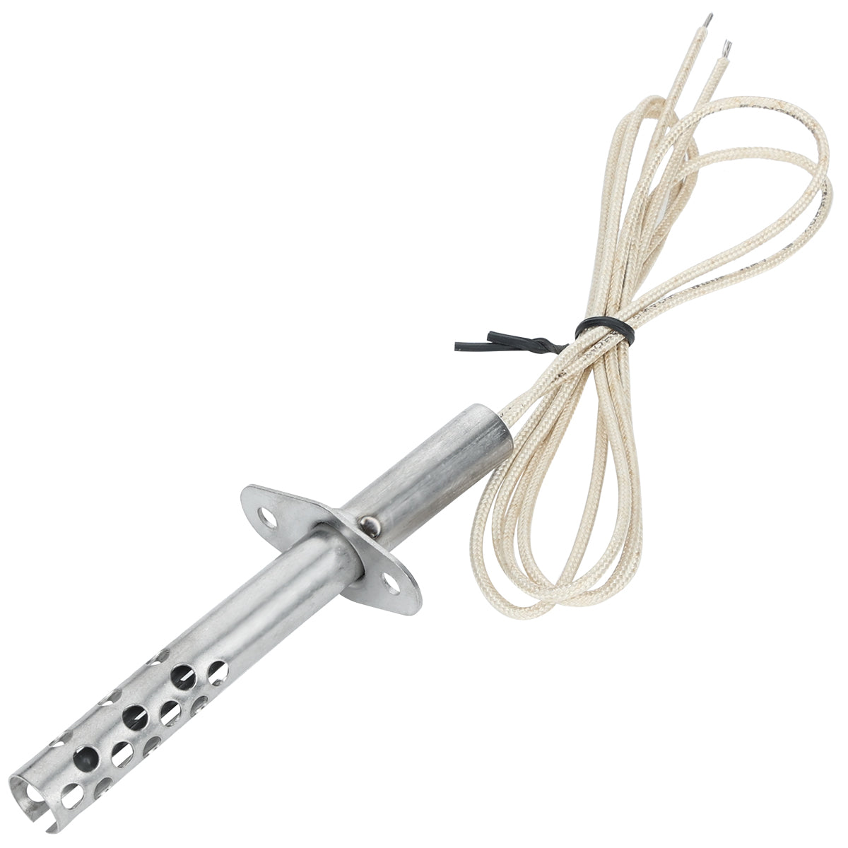 A hot surface igniter for metal furnaces, featuring a cylindrical perforated tip, flat mounting plate, and two insulated wires looped together. This Empura Parts component is photographed on a white background.