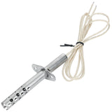 A hot surface igniter for metal furnaces, featuring a cylindrical perforated tip, flat mounting plate, and two insulated wires looped together. This Empura Parts component is photographed on a white background.