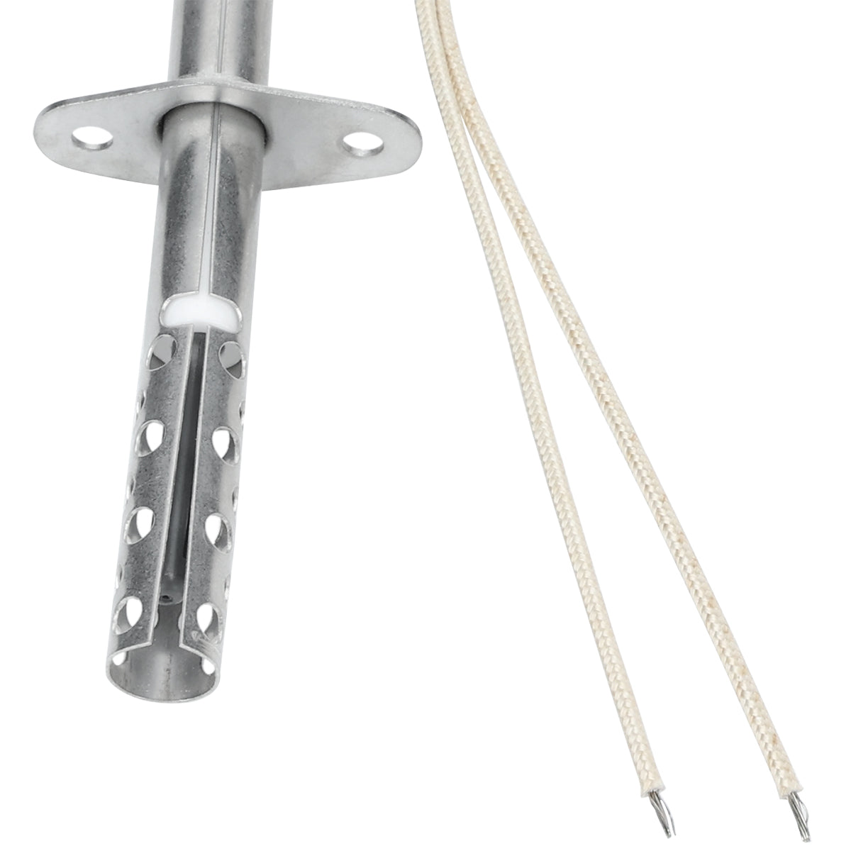 A close-up of a metal temperature sensor probe from Empura Parts, featuring a perforated cylindrical tip, two mounting holes on a flat plate, and two insulated white wires with exposed ends extending to the right.
