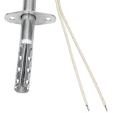 A close-up of a metal temperature sensor probe from Empura Parts, featuring a perforated cylindrical tip, two mounting holes on a flat plate, and two insulated white wires with exposed ends extending to the right.