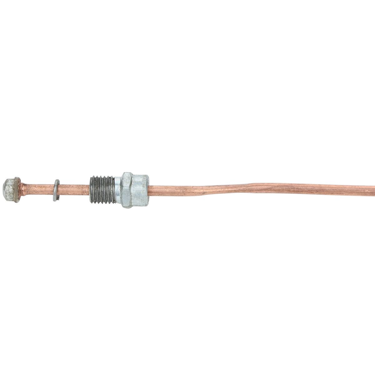 A single copper brake line from Empura Parts, featuring a threaded metal fitting in the center and a smaller, capped end on the left, lies horizontally against a white background.