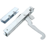 A metal Empura Parts universal oven door right hinge, model EGR60-GS24, features a curved, hooked lever and toothed adjustment section with its matching metal mounting bracket in a silver finish, displayed on a white background.