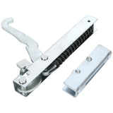 A close-up of an EGR60-GS24 metal latch mechanism with a spring and hook, next to a matching rectangular metal bracket. The silver latch, often found in Empura Parts, features a coiled black spring for tension and secures doors or panels.