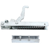 A silver metal spring-loaded latch with a hooked handle is shown above a matching metal catch plate. Featuring sturdy steel construction and visible screws, this EGR60-GS24 Empura Parts mechanism ensures secure closure, likely for a door or gate.