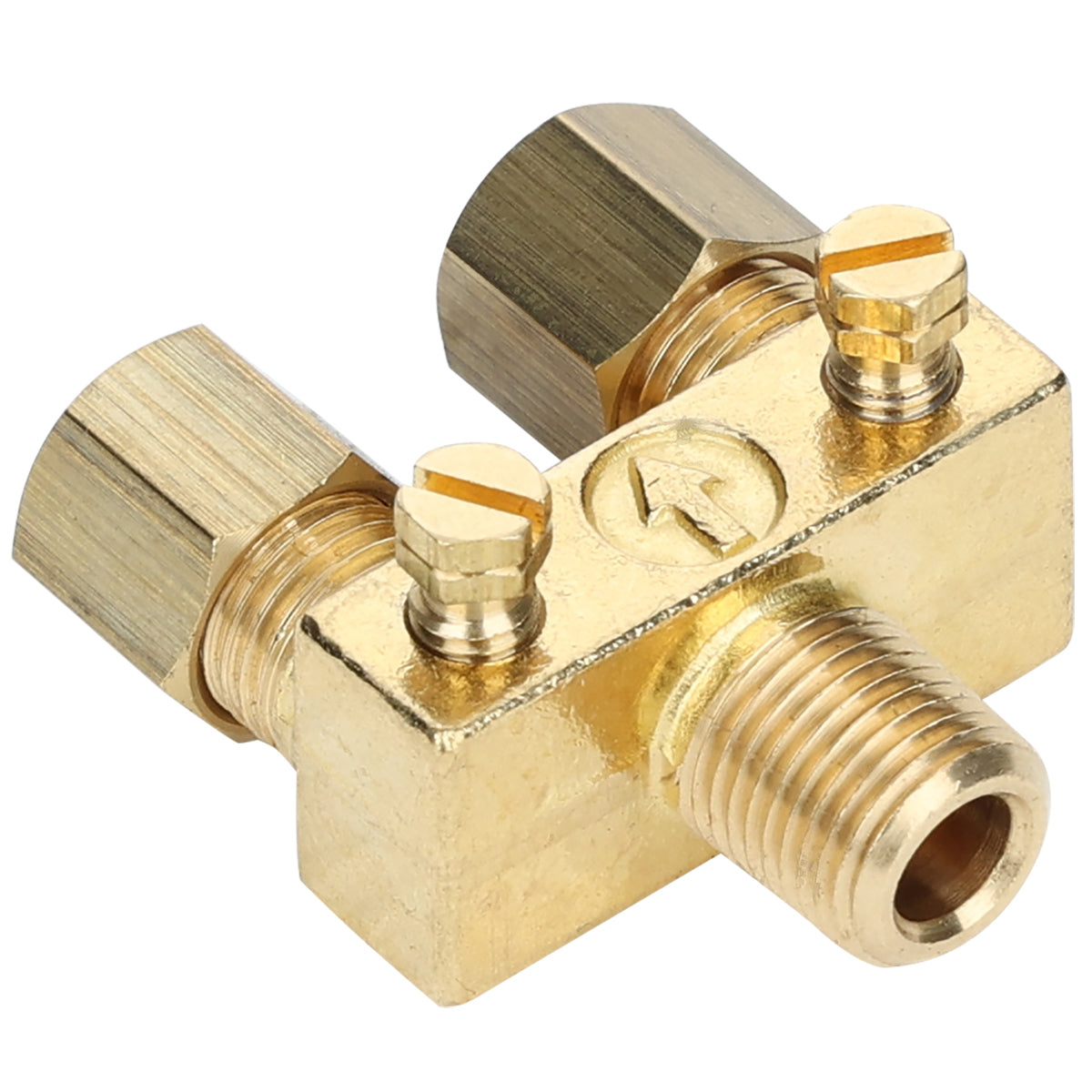 A brass T-shaped plumbing fitting for Empura Equipment, featuring two side compression nuts, a threaded male connector at the front, and an engraved arrow on top to indicate flow—ideal as a pilot valve or for Empura Parts replacements.
