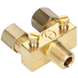 A brass T-shaped plumbing fitting for Empura Equipment, featuring two side compression nuts, a threaded male connector at the front, and an engraved arrow on top to indicate flow—ideal as a pilot valve or for Empura Parts replacements.