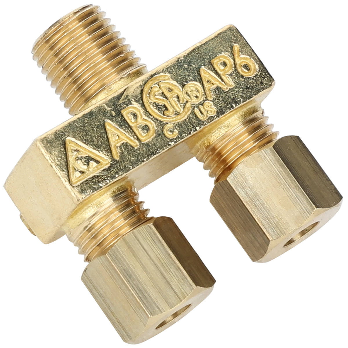 A brass refrigeration access fitting with three hexagonal ends and embossed markings including AB, AP6, certification logos, and US. Compatible with Empura Equipment, the fitting has threaded connectors for attaching to pipes or hoses.