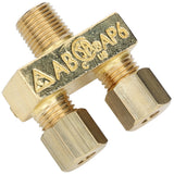 A brass refrigeration access fitting with three hexagonal ends and embossed markings including AB, AP6, certification logos, and US. Compatible with Empura Equipment, the fitting has threaded connectors for attaching to pipes or hoses.
