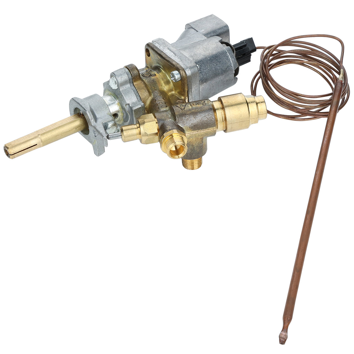 A gas control valve assembly with a connected copper thermocouple and tube, featuring brass and silver metal parts from Empura Parts. Includes adjustment knobs and threaded connections, designed as a thermostat valve for regulating gas flow in heating appliances.