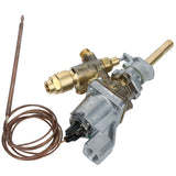 A metallic thermostat valve with an attached copper capillary tube and bulb. The assembly features brass and silver components, adjustment knobs, and threaded connections—ideal Empura Equipment for regulating temperature in heating appliances.