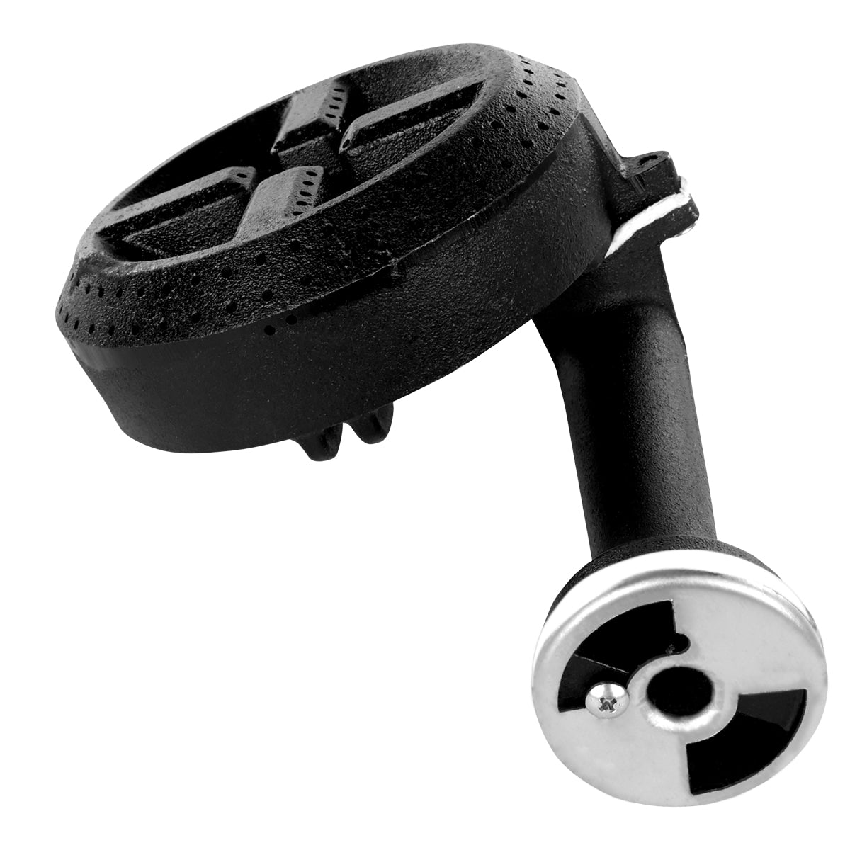 A black cast iron gas burner from the EMHP Heavy Duty Series by Empura Equipment, featuring a round, perforated short burner head with four raised cross-patterned spokes and a short cylindrical gas inlet with a metal cap against a white background.