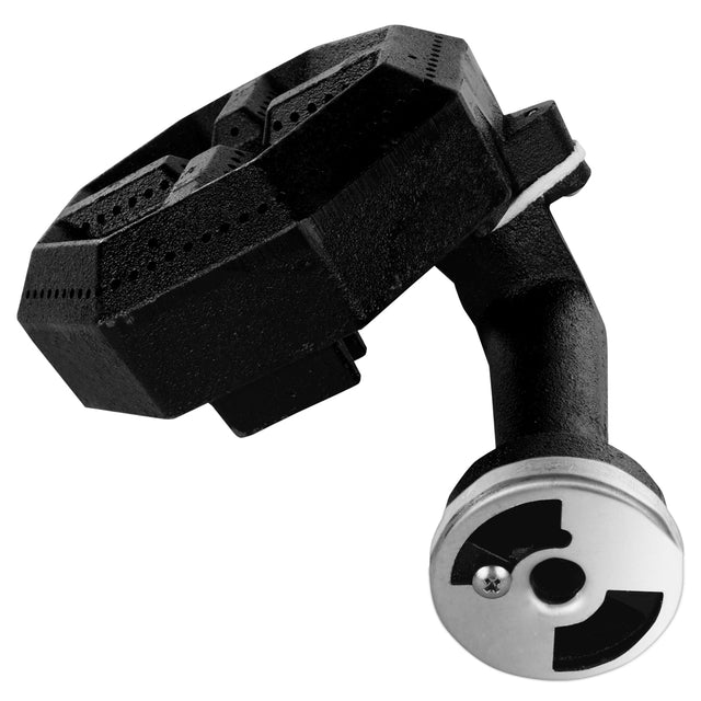 A close-up of a black, angular satellite LNB (low-noise block downconverter) with a metallic circular end facing forward, similar in form to an Empura Equipment hotplate, showing screws and cutout shapes against a plain white background.