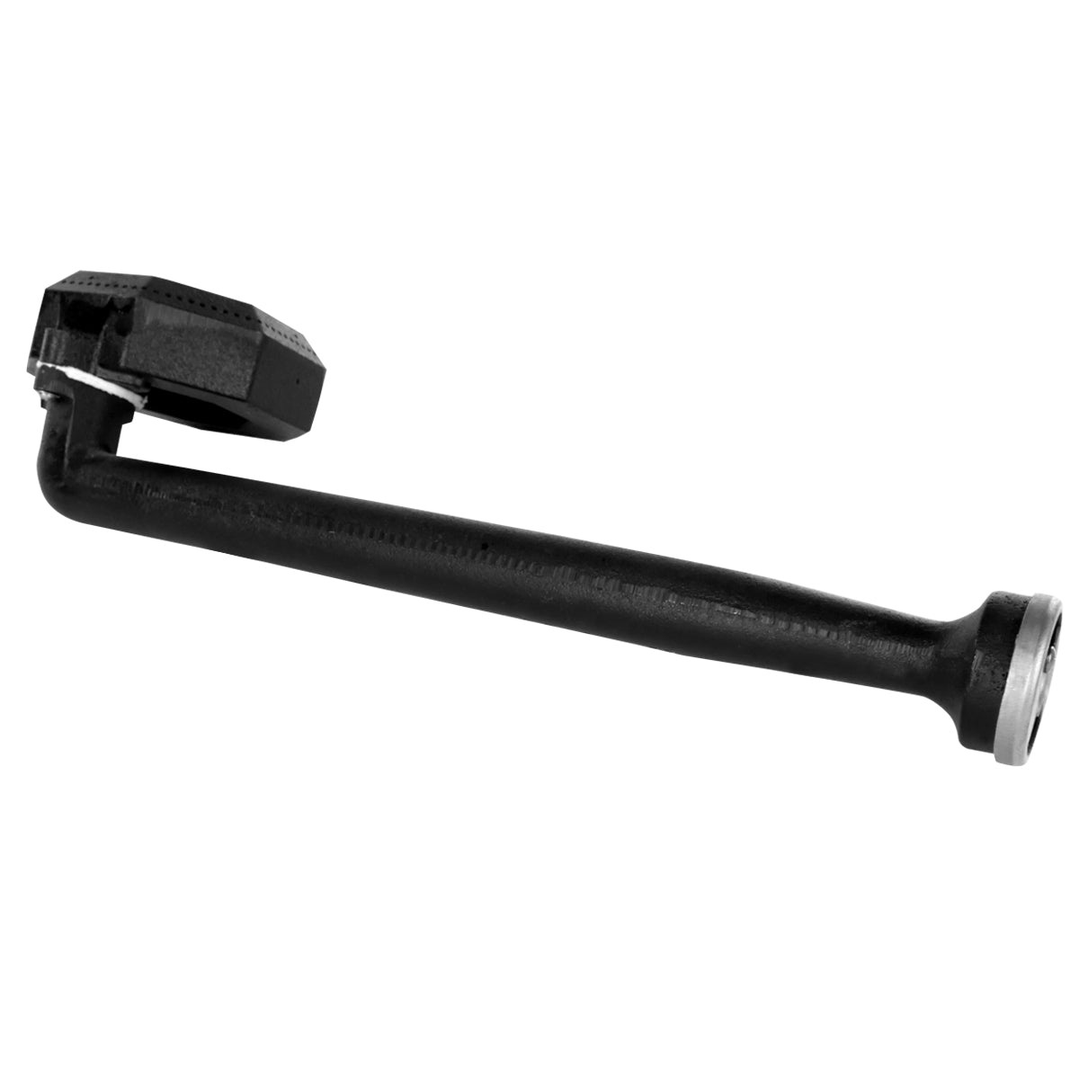 A black metal automotive control arm with a curved body, a rounded bushing at one end, and an angular mounting bracket with a bolt hole at the opposite end, similar in finish to parts from Empura Equipment, isolated on a white background.