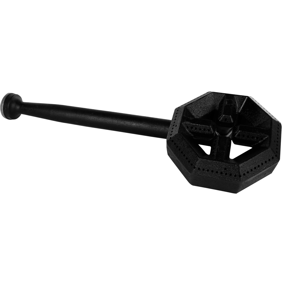 A black steel mace with a long cylindrical handle and an octagonal, perforated head. The geometric cutouts and angular lines evoke the industrial look of an Empura EHP hotplate, making it ideal for modern strength and conditioning exercises.