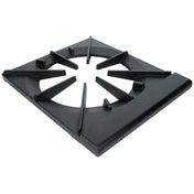 A black, square Empura Parts ESP-1M cast iron cooking grate with elevated prongs, an open circular center, and a solid, raised front edge. Its matte, slightly textured surface supports cookware above the gas flame on your stove.