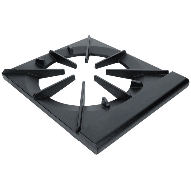 A black, square Empura Parts ESP-1M cast iron cooking grate with elevated prongs, an open circular center, and a solid, raised front edge. Its matte, slightly textured surface supports cookware above the gas flame on your stove.