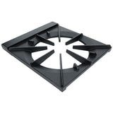 A black, square-shaped Empura Parts ESP-1M cast iron cooking grate with angled support prongs radiates from a central circular opening. The matte, textured surface is designed to hold pots or pans above a gas burner. The background is plain white.