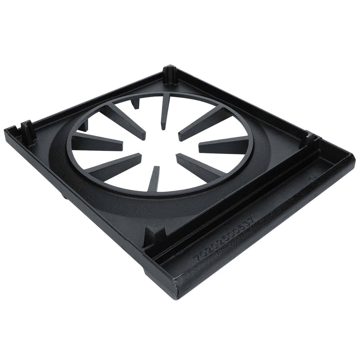 A black plastic or metal square frame with a circular center opening and inward-facing wedge-shaped fins, this Empura Parts holder has a matte finish and is possibly used as an ESP-1M support for a fan, vent, or industrial part.