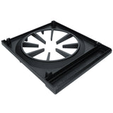 A black plastic or metal square frame with a circular center opening and inward-facing wedge-shaped fins, this Empura Parts holder has a matte finish and is possibly used as an ESP-1M support for a fan, vent, or industrial part.