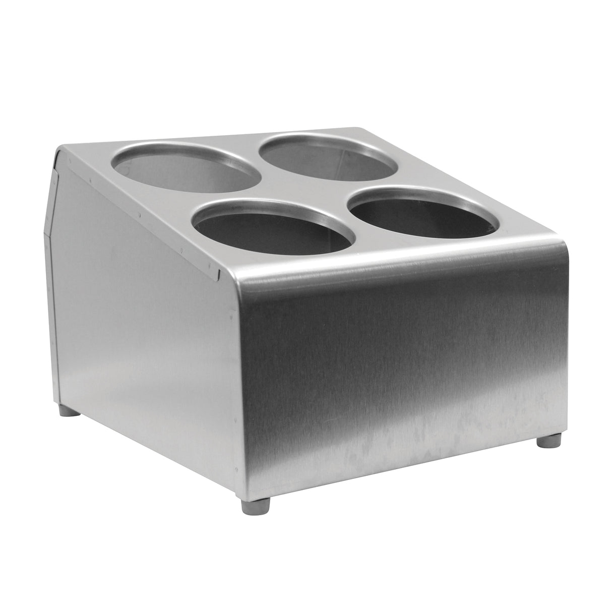A stainless steel flatware cylinder holder with four circular compartments on top, designed to hold cups or containers. The unit is angled for easy access, has a brushed metal finish, and stands on four small feet.